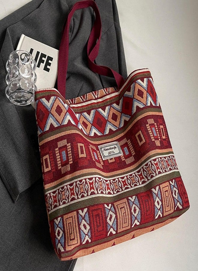 Gowloz Bohemian Chic Canvas Tote Bag - Ethnic Geometric Print, Burgundy Multi-Color, Spacious Shoulder Handbag for Work, Travel & Everyday Use - Image 3